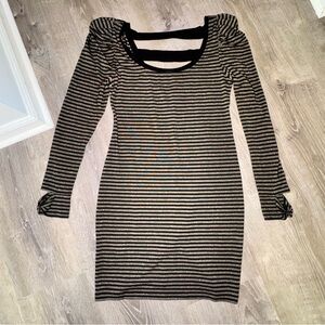 BCBGeneration Striped Black Gold metallic thumbhole bodycon open back dress S